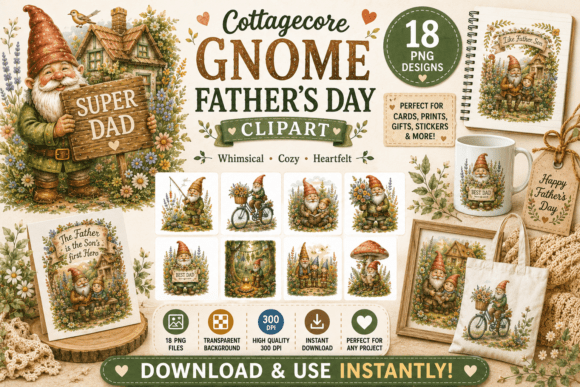 Charming Cottagecore Gnome Clipart for Father's Day