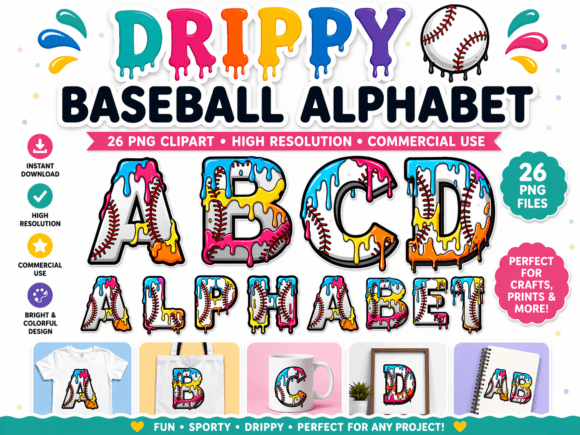 Colorful Drippy Baseball Alphabet a-Z: A Bold Design Asset