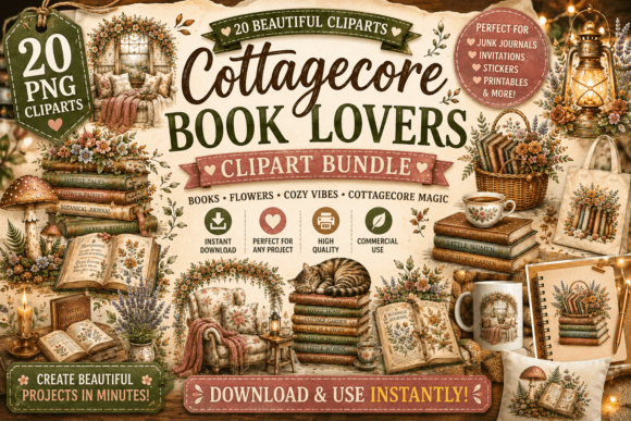 Cottagecore Book Lovers Clipart Bundle: Design Warmth