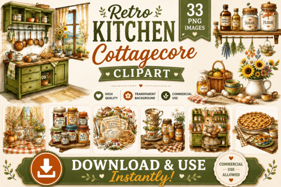 Retro Cottagecore Kitchen Clipart: A Designer's Nostalgic Toolkit
