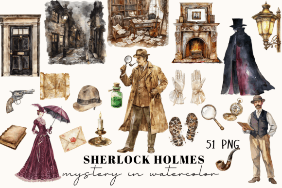 Unlocking the Narrative: Designing with Sherlock Holmes Watercolor Clipart